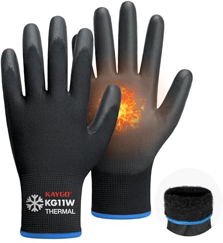 KAYGO Thermo Arbeitshandschuhe PU beschichtet 12 Paar, KG11WB | antirutsch Grip, Gefütterte Schutzhandschuhe für Winter Arbeit Kühlhaus Lager Bau bei kaltem Wetter (Schwarz, M, Gr 8)