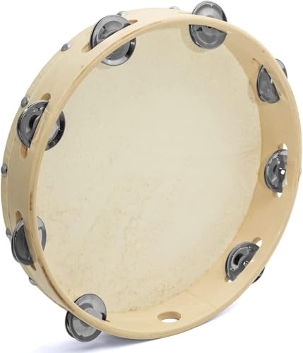 ROCKSTAR - Pandereta de Mano en Madera Color Natural TH1008T con Parche 8 Sonajas, (10) 25cm, Pandereta Jingle. Instrumento de Percusion
