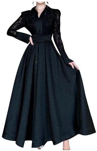 Robe Longue Femme Dentelle, Robe de Soiree Brodé-Robe Vintage Manche Longue Col V Taille Haute Chic Et Elegant Dress Slim Classique Swing Solide Pour MariéE Ceremonie Cocktail Robes