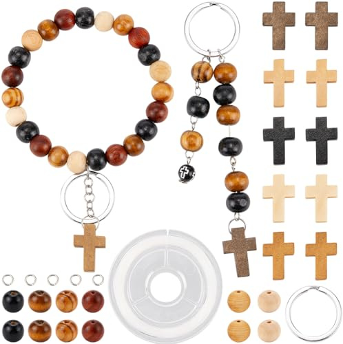 SUNNYCLUE 280 Teiliges Schlüsselanhänger Set Holz Kruzifix Anhänger Oster Anhänger Holzkreuz Mini Kreuz Anhänger Große Menge Holzkreuz Runde Perlen Geteilte Schlüsselringe Für Schlüsselanhänger Feiert