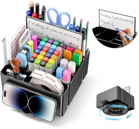 KDD Portapenne Rotante - Porta Penne per Scrivania con Lavagna Cancellabile e Supporto Telefono - Organizer Scrivania con 6 Scomparti e 12 Portapenne
