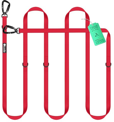 BLUZELLE Wasserfeste Hundeleine 3m, Wetterfestes PVC & 2 Starke 360° Aluminium Sicherheitskarabiner, Verstellbare Doppelleine für 2 Hunde, Freihand-Leine zum Umhängen, Schmutzabweisend, Farbe:Rot