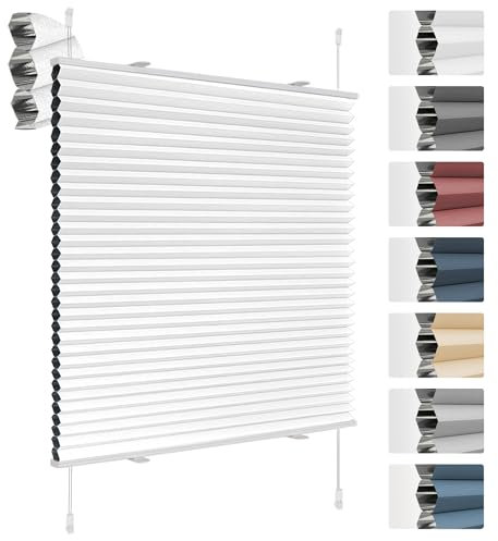 Deswell Plissee Verdunklung Klemmfix Wabenplissee B40 x H130 cm Weiß Thermoplissee ohne Bohren Faltrollo für Fenster & Tür, 100% Blickdicht, Sicht- & Schallschutz Wärmehaltung Verdunklungsplissee