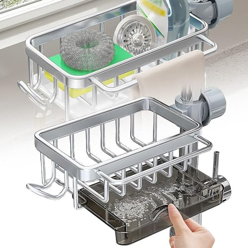 JOZMMZEOOA Spülbecken Organizer,mit Haken Schwammhalter Küche Spülbecken Spüllappenhalter Ohne Bohren Spülbecken Organizer Hängend mit Ablaufwanne,für Küchenzubehör Schwamm (Silber)