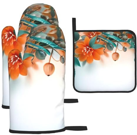 Set di 3 guanti da forno e presine – verde acqua e fiori d'arancio – guanti da forno a microonde isolati e guanti da cucina, set di guanti da forno antiscivolo con cuscinetti caldi, per cucinare,