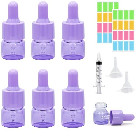 Mehrfarbig Mini Pipettenflasche,6 Stück 5ml Mini Glasflasche mit Tropfpipette nachfüllbarer kleiner Probenfläschchen Apothekerflasche Pipette Flasche Für Öle Aromatherapie Ätherisches (Lila, 5ml)