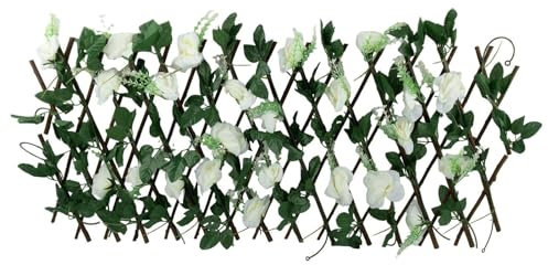Recinzione artificiale espandibile, con fiori, traliccio estensibile, per giardino, balcone ed esterni, colore: bianco