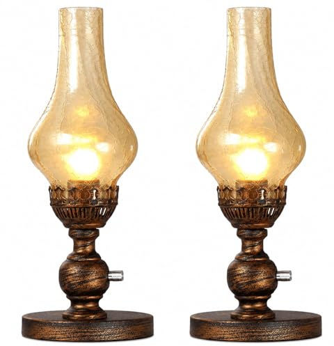 Moddeny Nostalgische Petroleumlampe Altertümlich Klassik Restaurant Tabletop Beleuchtung dimmbar mit Drehschalter Schlafzimmer Nachttisch Laterne E27 Edison Metalltischleuchte 16,5 * 40,5 cm(2 Pack)
