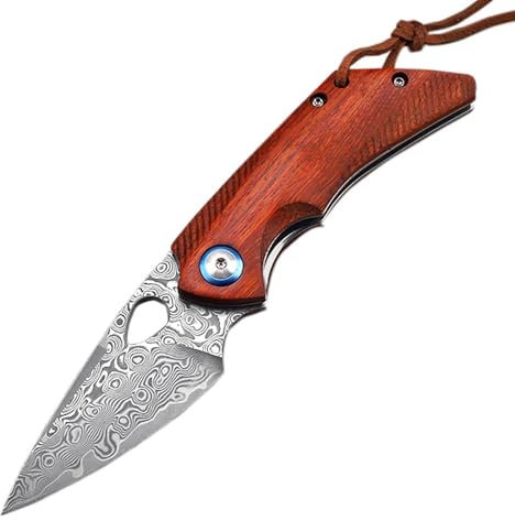 Couteau de poche damassé - Petit manche en bois tranchant VG10 - En acier de Damas - Léger - Avec clip de poche - Couteau damassé - Couteau de poche - Couteau de cou multifonction