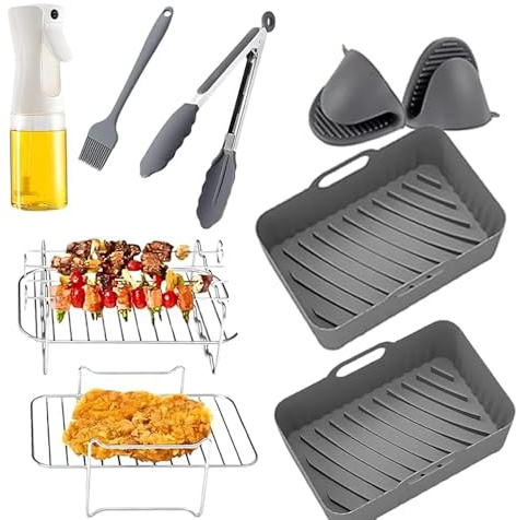 Air Fryer Accessories, Set of 9 Ninja Air Fryer Accessories for Ninja AF451UK AF300UK AF400UK Tower T17088 Including Silicone Liner for 7.6-9.5L Air Fryer Dual Racks Silicone Gloves Oil Sprayer etc