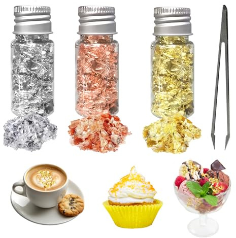 3 PCS Blattgold Essbar Für Torten, Blattgold Flocken Goldfolie Papier Blattgold Zum Backen,Tortendeko Gold Für Vergoldung, Malerei, Küche Mousse Kuchen,Handwerk Nägel