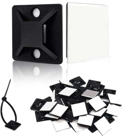 KEWUF Juego de 100 sujeta cables adhesivo, soportes para bridas de cables de 30 x 30 mm, almohadillas adhesivas para sujetacables, color negro, para el hogar, oficina, garaje y taller