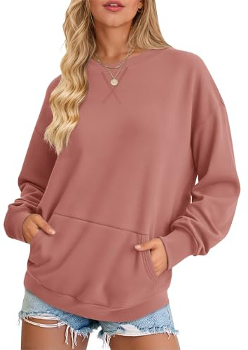 AUSELILY Damsweatshirt, extra stor tröja, lös långärmad tröja med fickor, Orange-rosa, M