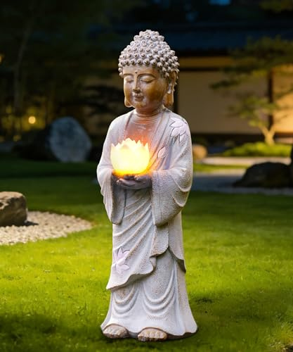 Yeomoo 37CM Stehende Buddha Figur mit Solar LED Lotus, Garten Geschenk | Wetterfeste Meditation Gartenfiguren, Spirituelle Geschenk für Frauen Mama Männer, Deko für Zen Garten Zimmer Feng Shui