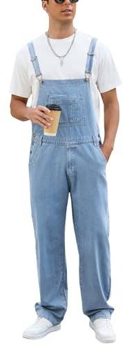LBDLONGBIDA Men's Overalls Fashion Relaxed Fit Coveralls Work Utility Denim Romper Women Bib Jumpsuit with Zipper, Light Blue1, L