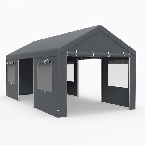 GYMAX Abri Voiture Tente de Stockage, Tente Garage avec Fenêtres Enroulables, Parois Latérales et Portes Amovibles, Structure Métallique, Bâche PE Imperméable (305 x 586 x 280 cm,Gris)