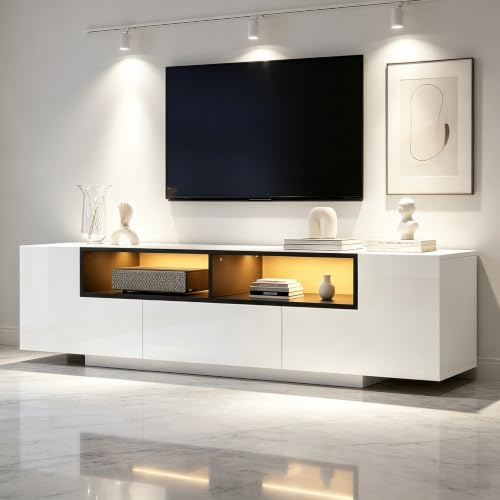 Calivra Mueble de TV con 2 puertas, LED para televisor hasta 75, mueble de TV bajo con gran espacio de almacenamiento, con 2 puertas, para salón, comedor, dormitorio, blanco