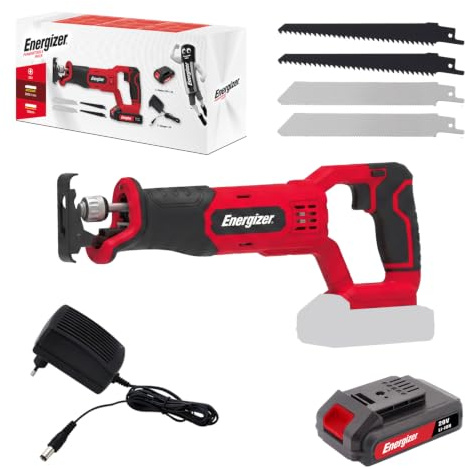 Energizer - Sierra sable inalámbrica 20 V sin escobillas 3000 SPM, carrera 28 mm, cambio de hoja sin herramientas, corte de madera, metal PVC, batería de 2,0 Ah y cargador incluido, color rojo