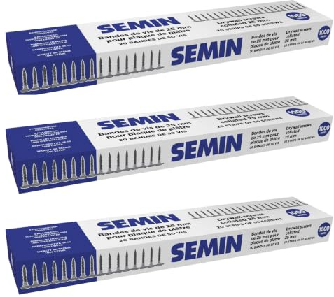 SEMIN Bandes de Vis TTPC 3,5 x 25 mm - 1000 pcs (20 Bandes de 50) - Auto-Perceuses Double Filetage - Compatible Visseuses Automatiques - Acier Phosphaté (Lot de 3)