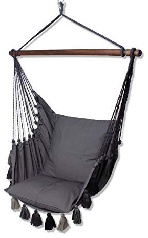 HOBEA-Germany Hängesessel, Vintage Hängestuhl Boho-Look, Hängeschaukel Fransen Uni Deluxe, Farbe:grau mit Quasten
