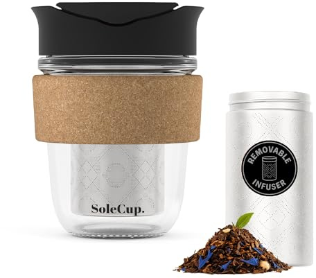 SoleCup. Travel Mug Loose Tea Infuser - Detachable Tea Strainer with Spillproof Lid - BPA-Free Reusable Glass Travel Coffee Cup with Cork Band (Black, 340ml / 12oz)