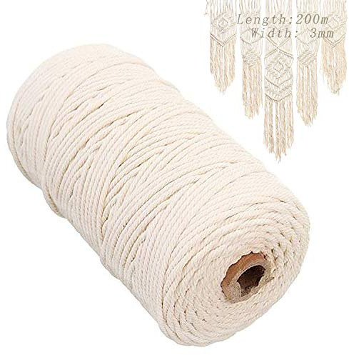 Yisscen Cuerda de macramé, Hilo Macramé, Hilo de Hilo de algodón Natural, Cordel de Algodón, Cuerda de macramé Hecha a Mano, Tapiz Artesanal de Bricolaje, Percha - Beige (200 MX 3 mm)