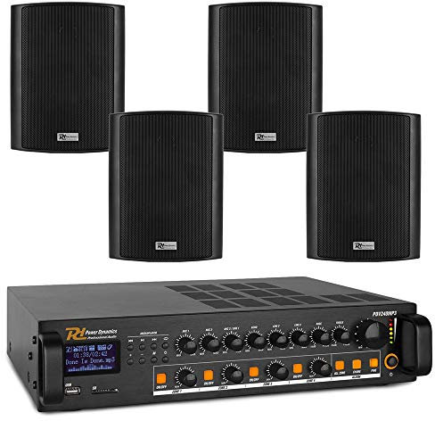 Power Dynamics Bluetooth Background Music System with Amplifier & 4x 6.5 Black Wall Speakers, 4-Zone 240W Weatherproof Outdoor Audio PA System, Ideal for Garden, Terrace, Commercial & Public Spaces
