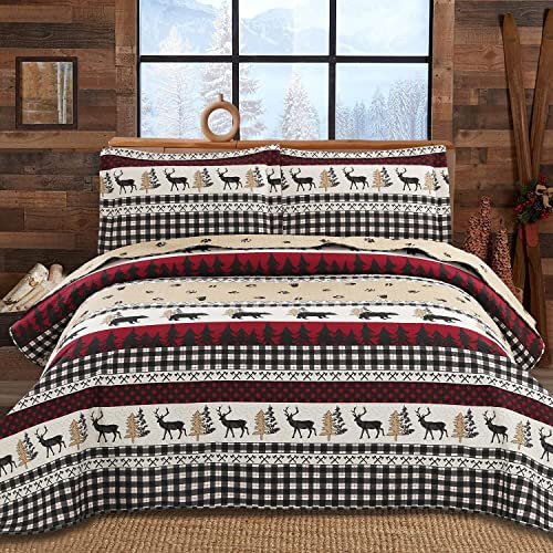 CHESITY Queen Size Quilt Lodge Tagesdecke Plaid Quilts Set Rustikale Kabinenbettwäsche Decke Schwarz Hirsch Bär Pfote Bedruckt Wendbar Leicht Schwarz Weiß Patchwork Bettbezug Landhaus Bettwäsche Dekor
