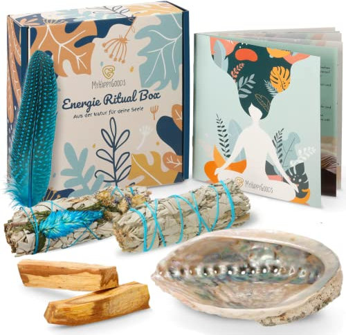 MyHappyGoods Premium Räucherset I Weisser Salbei zum Räuchern, Palo Santo I Robuste Abalone-Muschel I Räucherbündel I Ausführliche Anleitung