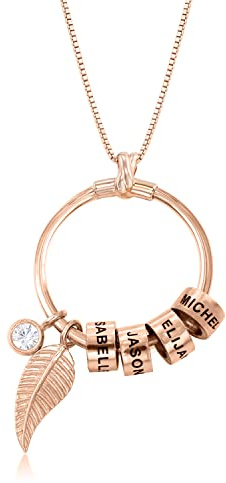 MyNameNecklace Personalisierte Kreisanhänger-Kette mit Blatt und Beads aus 925er Sterling Silber - Weihnachten Graviert Name Schmuck Geschenk für Damen | Mutter | Freundin
