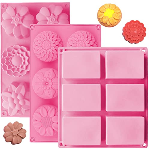 OBSGUMU 3Stück Silikonseifenformen,6 Hohlrume Silikon Backform,Rechteck und Anders Blume Formen, Perfekt für Seifenherstellung,Handgemacht Kuchen Schokoladekeks, Pudding (Rosa)