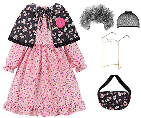 ReliBeauty Déguisement Grand-Mère Vieille Dame Enfant Fille Carnaval Déguisement Mamie avec Accessoires