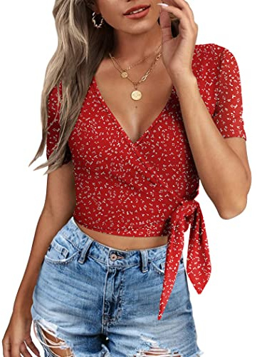 Womens Short Sleeve Shirts Cute Crop Tops Slim Fitting Summer Wrap Tops Red Floral XL