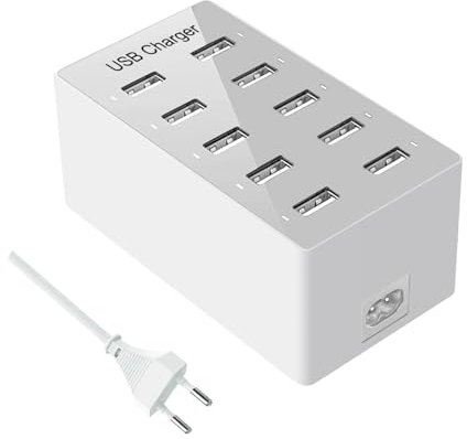 Mehrfach USB Ladegerät,10 Ports USB Ladestation, USB Wandladegerät Desktop USB Ladegerät, Intelligenter USB-Anschluss für iPhone 12/13/14/Samsung S23/S24 Ultra/Z Flip/Xiaomi/iPad/iPod (Blanc)