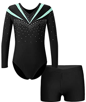 iEFiEL Kinder Mädchen Turnanzug Gymnastik Outfits Glitzer Trikot mit Shorts Tanz Akrobatik Bodysuit V-Ausschnitt Sport Anzug