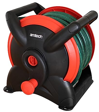 Amtech - Garden Hose Reel for Tidy and Organised Hose Storage with Multiple Connectors, Home DIY, Durable and Suitable for All Seasons, Lightweight and Easy to Store (15m)