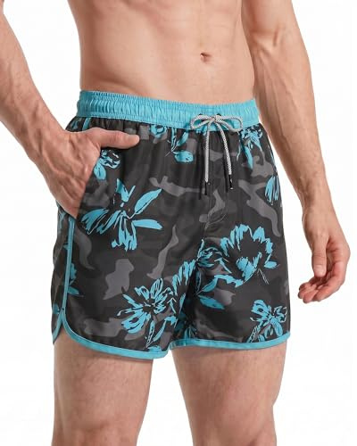maamgic Bañador Hombre de Natación Secado Rápido Interior de Malla Pantalones Cortos d'Aire Vintage 80s 90s,Flor Camuflaje Negra y Gris 4.5,XXL
