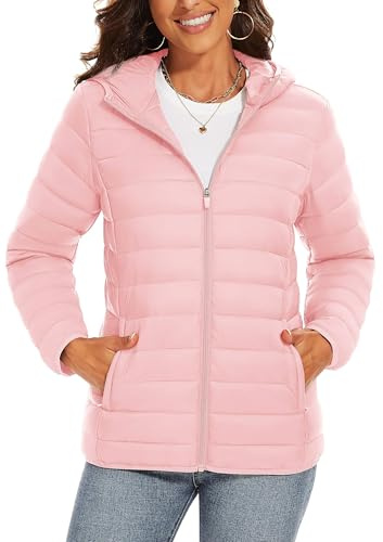 TAVCASEN Ladies Down Coats Windbreaker Down Jacket Lightweight Quilted Padded Jacket Winter Puffer Coats,Pink,L