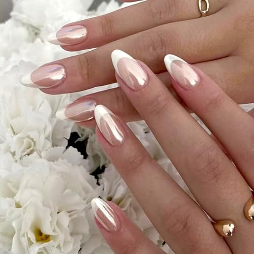 24 Stück Künstliche Nägel Kurz Mandel Falsche Nägel Französische Weiß Glänzend Kunstnägel Press on Nails Acryl Full Cover Fingernägel Nägel zum Aufkleben für Frauen und Mädchen
