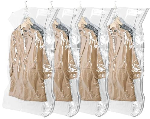 Vakuumbeutel zum Aufhängen,Transparent Vakuumierbeutel Kleidung 4 Packungen (70 * 105cm) Vakuum Kompressionsbeutel mit Kleiderhaken für saisonale Kleidung, Kleider, Anzüge