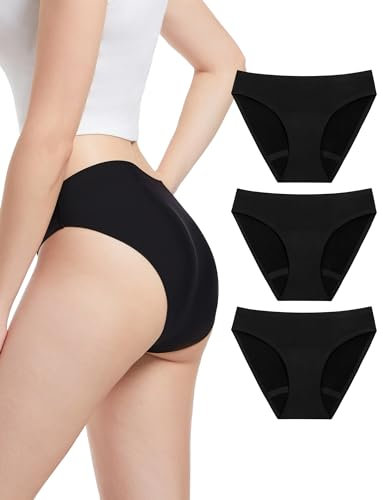 EcoPeriod Nahtlose Periodenunterwäsche für Damen und Jugendliche, saugfähig, auslaufsicher, Menstruations-Höschen, No-Show-Periodenunterwäsche, Schwarz, 3 Stück, M