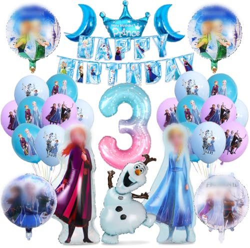 Frozen Prinzessin Luftballons und Geburtstagsdeko 3 Jahre, Folienballons Blau für Mädchen Party Dekoration Zubehör