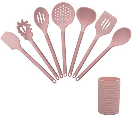 SkVLf Set di utensili da cucina in silicone rosa da 8 pezzi - Utensili da cucina antiaderenti con cucchiai, spatole, mestoli e altro