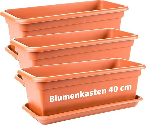 2friends Blumenkasten 40cm mit Untersetzer â€“ 3er-Set Balkonkästen, Terracotta, Hochwertiger Kunststoff, Made in EU