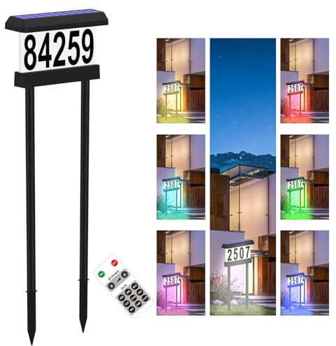 IVWVI Double Side Solar Address Numbers, Lighted House Numbers for Outside, Waterproof RGBW Color Changing Remote Control, Led Illuminated Solar Address Sign with Stakes for Garden Street Home Yard