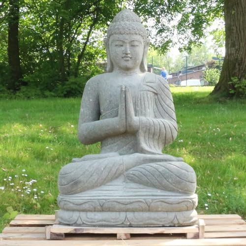 Oriental Galerie Buddha Stein Figur Statue Gartenfigur Steinfigur Dekofigur Gartendeko sitzend Massiv aus Greenstone Greetings 100 cm
