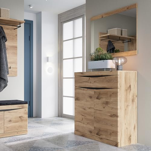 Lomadox Garderoben Set 2-teilig Flurmöbel Garderobenschrank Kommode Spiegel Wandspiegel modern in Eiche