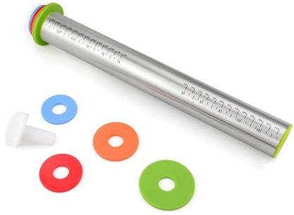Set mattarello e tappetino da pasticceria, mattarelli con anelli di spessore regolabile, rullo for pasta in acciaio inossidabile for cuocere fondente, pizza, torta, pasticceria, pasta, biscotti, 44x6