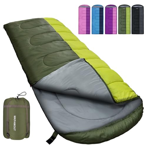 WKFAMOUT XL Schlafsack Outdoor 10℃ Deckenschlafsack für Erwachsene Maschinenwaschbar Schlafsäcke 3–4 Jahreszeiten mit Kompressionssack Camping Wandern 220x85CM Olive