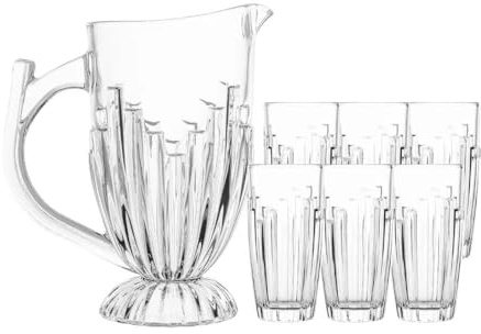 Reldor 7 Piece Glassware Set – 1.2L Water Jug Pitcher & 6 Glasses 370ML Tumbler, Crystal Effect Glass Jug Pitcher Set for Juice, Water, Beverages, Elegant Drinkware Set for Home, Kitchen, and Events